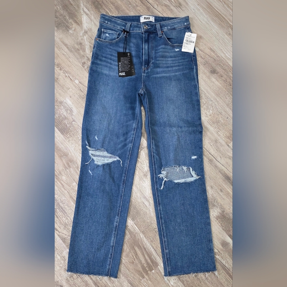 PAIGE STELLA CROP High Rise Modern Straight Jeans Ceylon Destructed Size 27